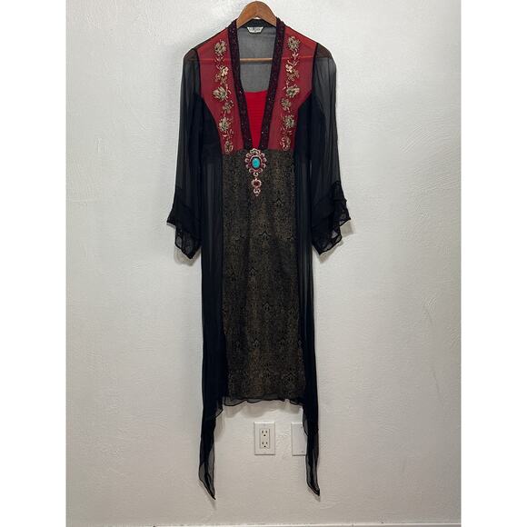 VTG STUNNING Chinyere Sheer Beaded Dress M Whimsigoth Dark Romantic Boho Hippie - Picture 1 of 16